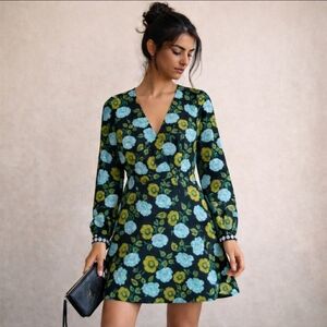 Sandro Paris Floral V-Neck Dress Size 36 Long Sleeve Rhinestone Detail Wrist